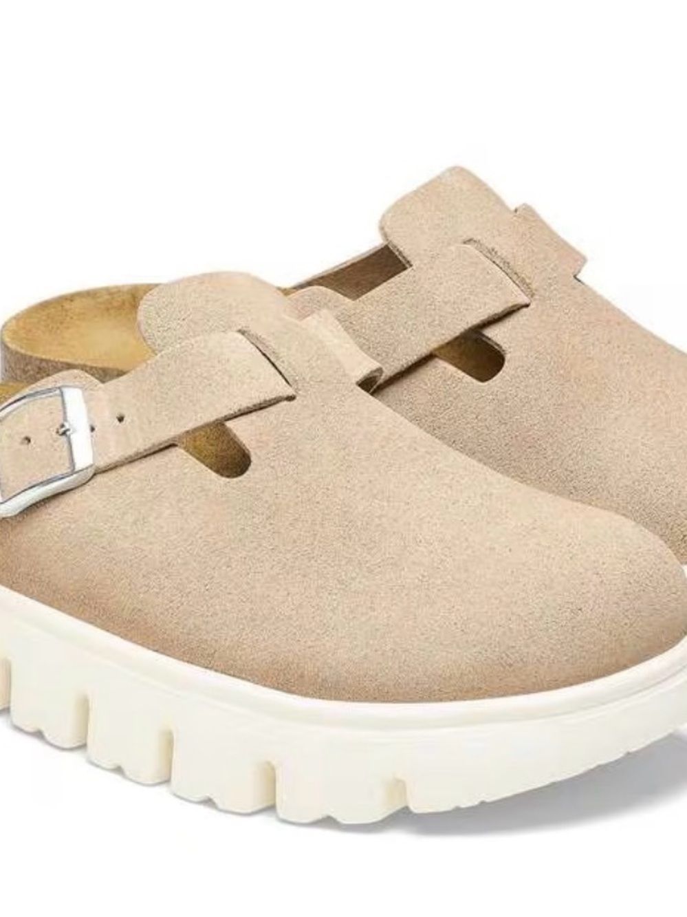 Birkenstock Boston Pap Chunky Beige Suede Slip-On Mule with White Lug Sole